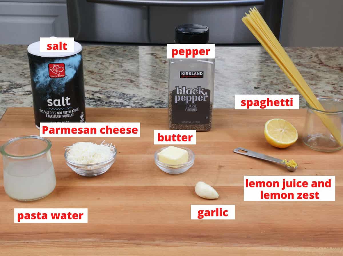 lemon pasta ingredients on a kitchen counter.