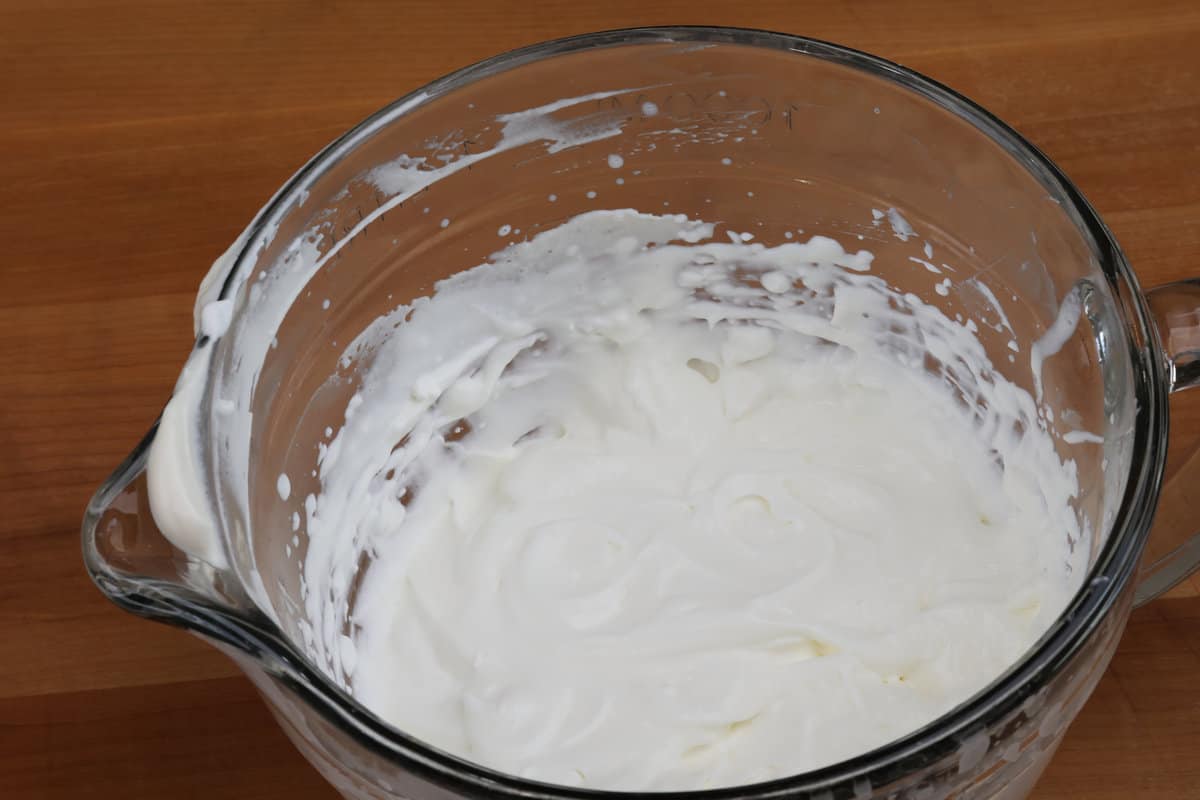 homemade whipped cream in a mixing bowl.