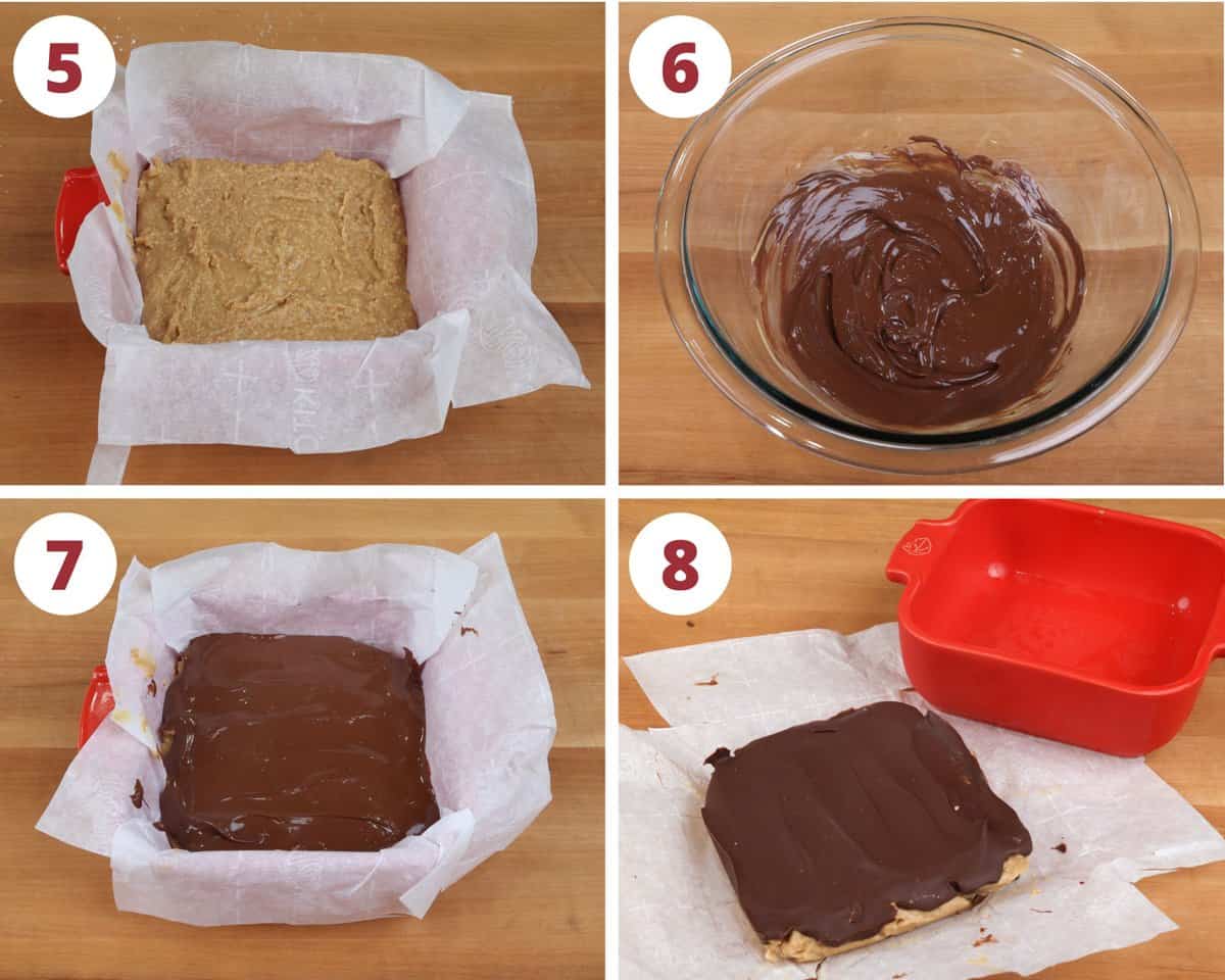 four photos showing how to press the peanut butter filling into a small baking dish.