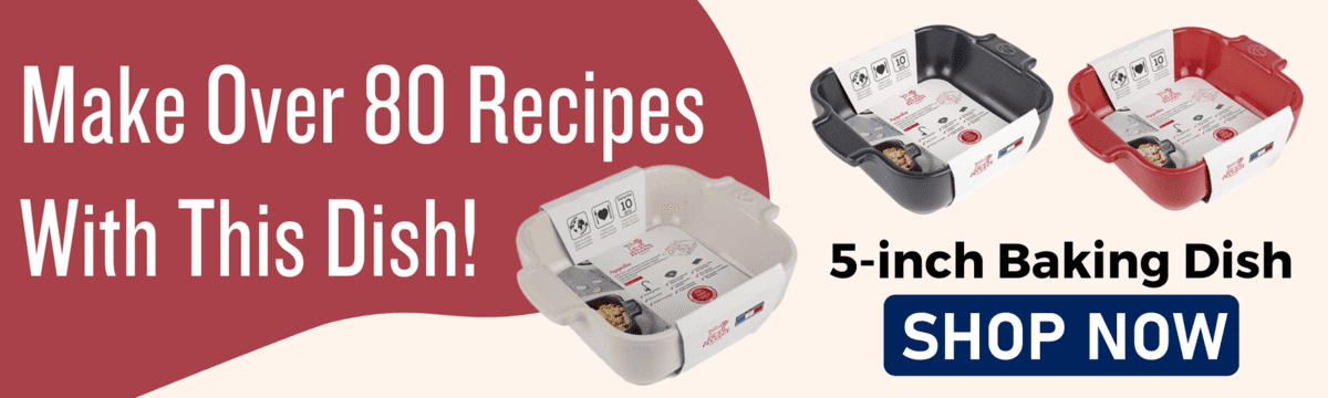 Advertisement for 5-inch baking dishes that can be used on over 80 recipes. 