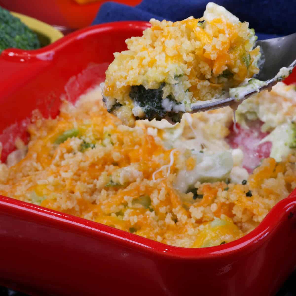 small broccoli casserole baked in a 5x5-inch square baking dish.