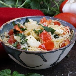 a bowl of angel hair pasta mixed with mozzarella cheese, fresh chopped tomatoes, and fresh torn basil.
