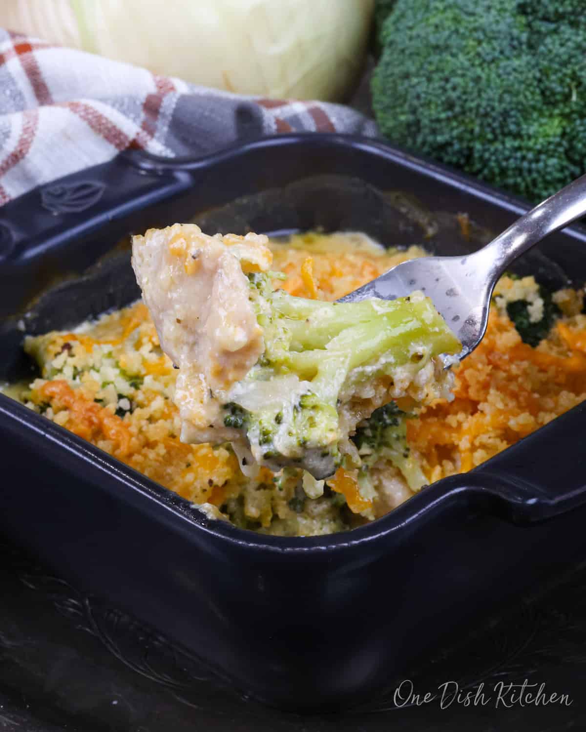 chicken divan for one person in a small baking dish.