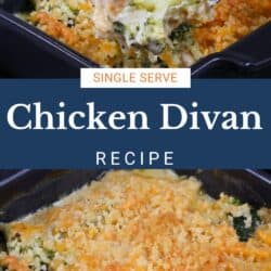 a small chicken divan topped with breadcrumbs in a black baking dish.