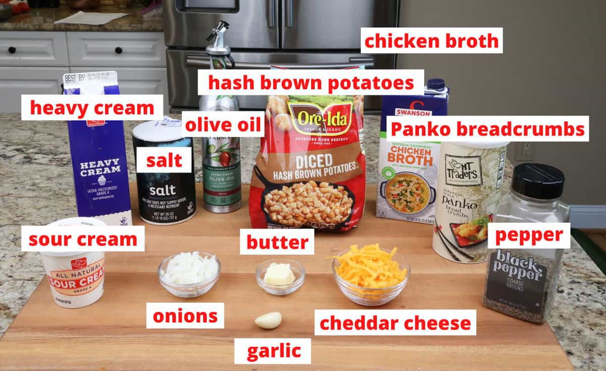 ingredients for funeral potatoes on a kitchen counter.