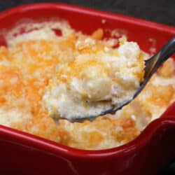 a spoonful of hashbrown casserole over the baking dish
