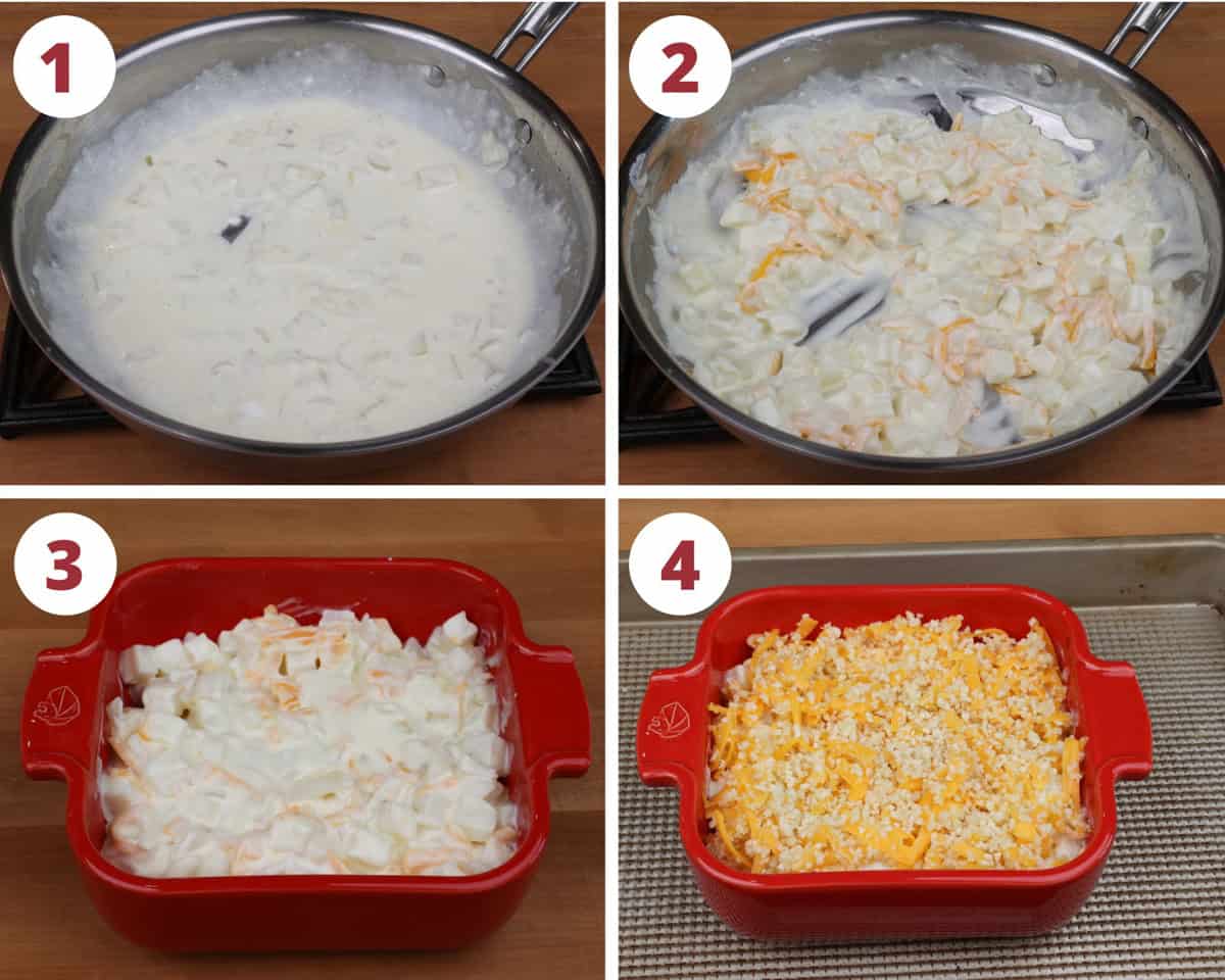 four photos showing how to make the filling for a hashbrown casserole.