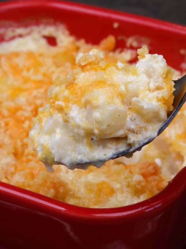 a spoonful of hashbrown casserole over the baking dish