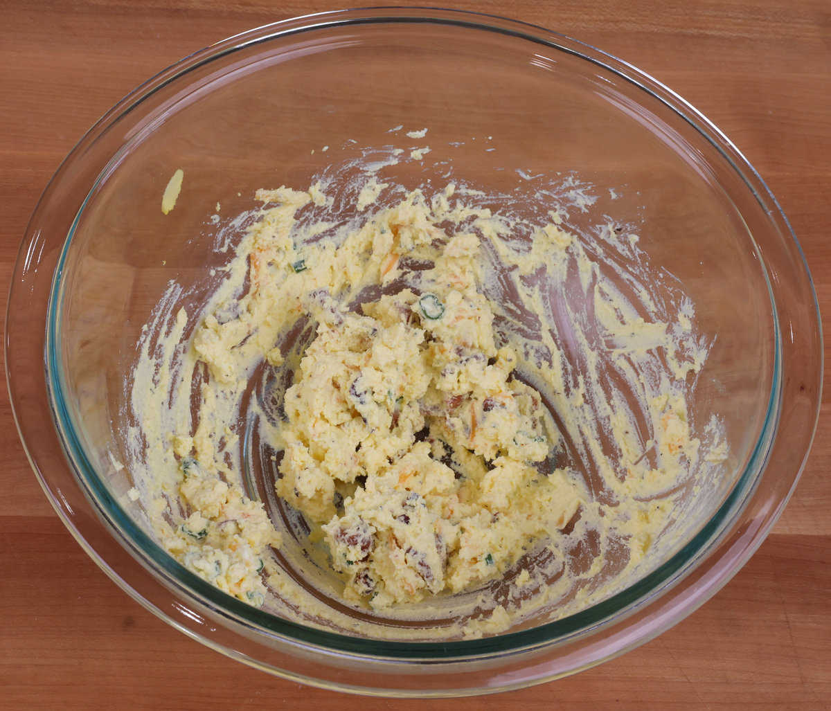 deviled egg filling in a mixing bowl.