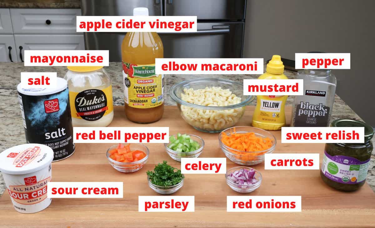 macaroni salad ingredients on a kitchen counter.