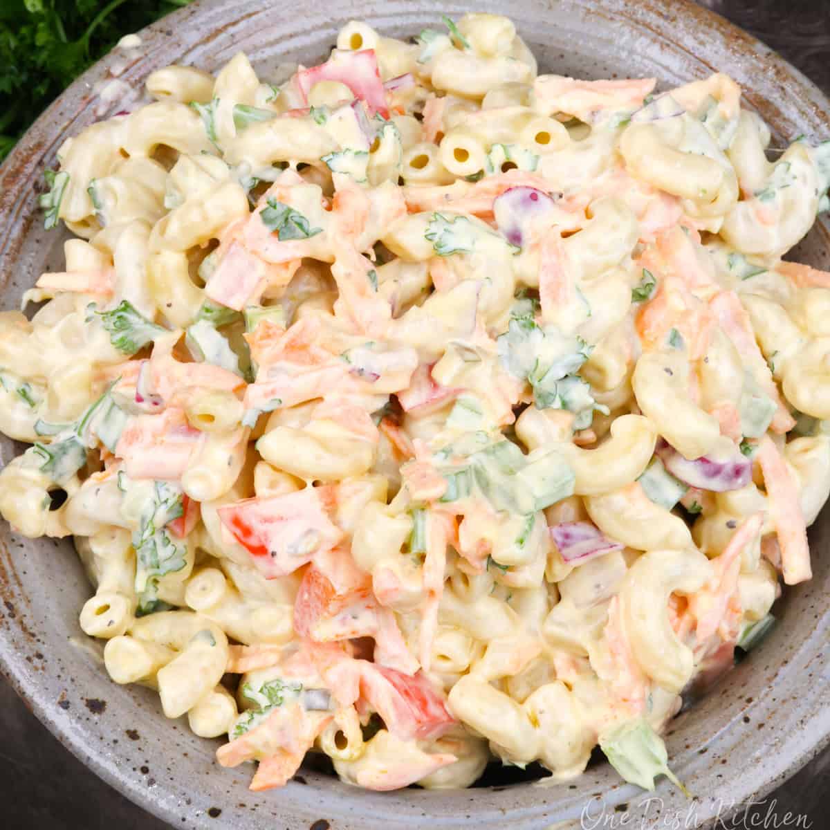 macaroni salad in a small bowl.