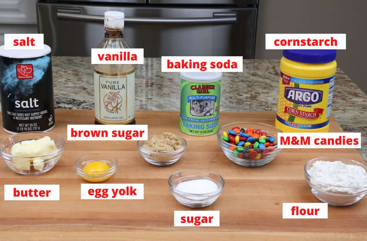 M&M Cookies ingredients on a kitchen counter.