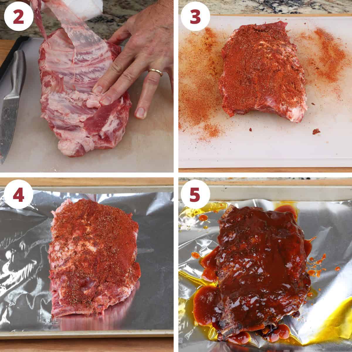 four photos showing how to season and bake ribs.
