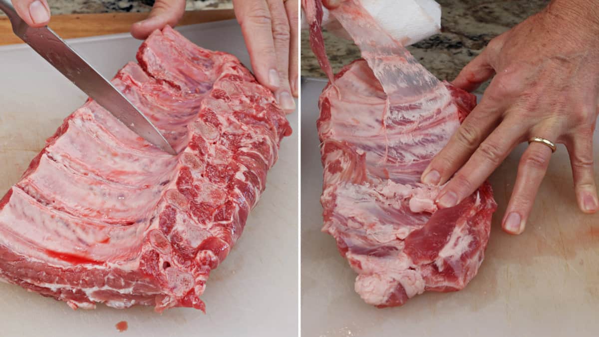 removing the membrane from a rack of ribs on a cutting board.