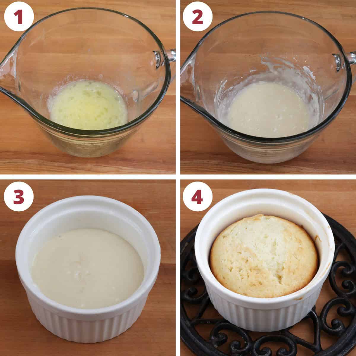 four photos showing how to make white cake batter in a mixing bowl.