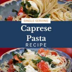caprese pasta in a bowl with a fork twirling the spaghetti.