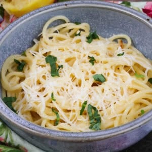 a single serving of pasta al limone topped with fresh parmesan cheese.