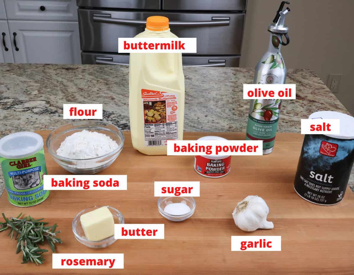 ingredients in rosemary garlic buttermilk biscuits on a kitchen counter.