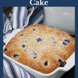a small blueberry cake in a white baking dish next to a blue napkin.