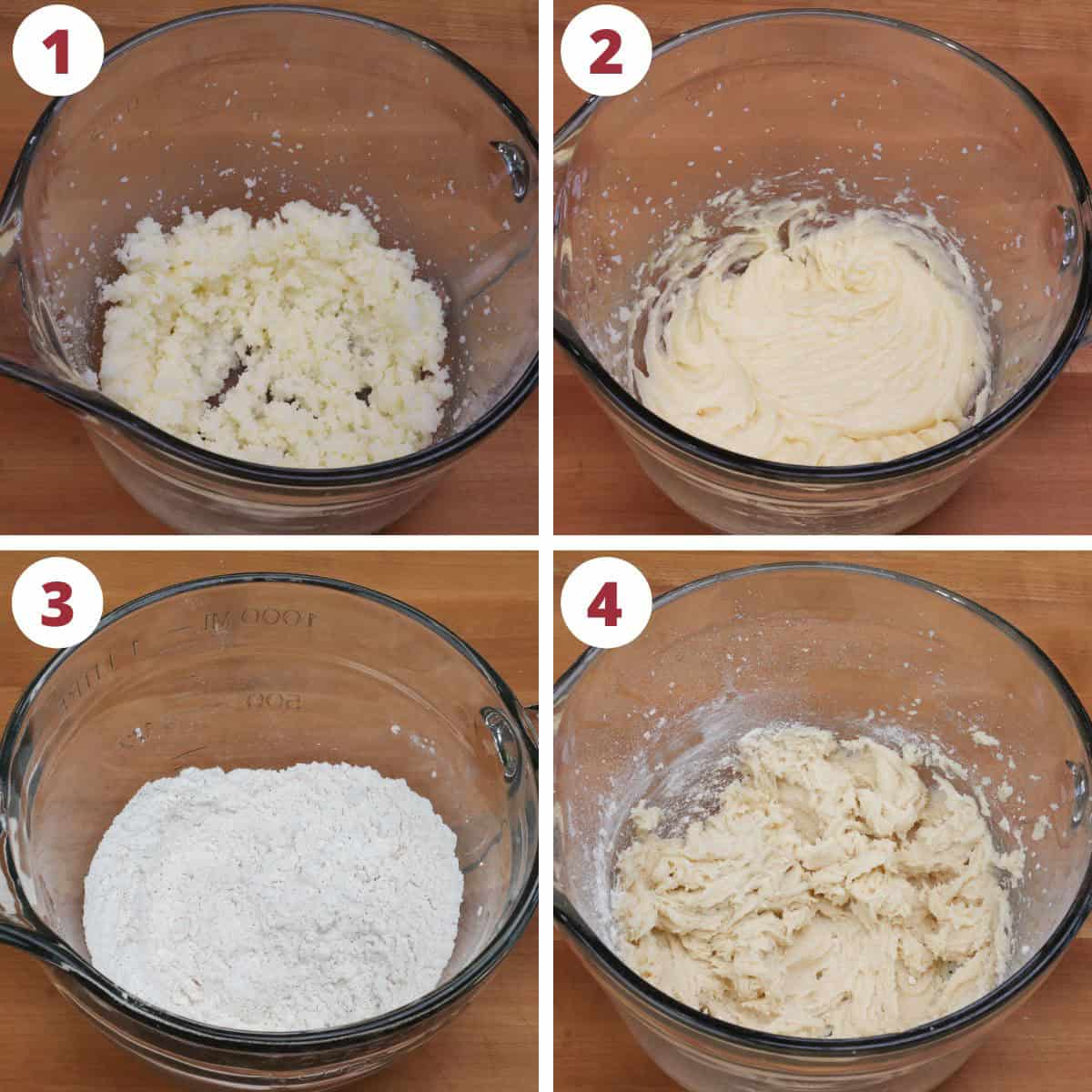 four photos showing how to make blueberry cake batter.