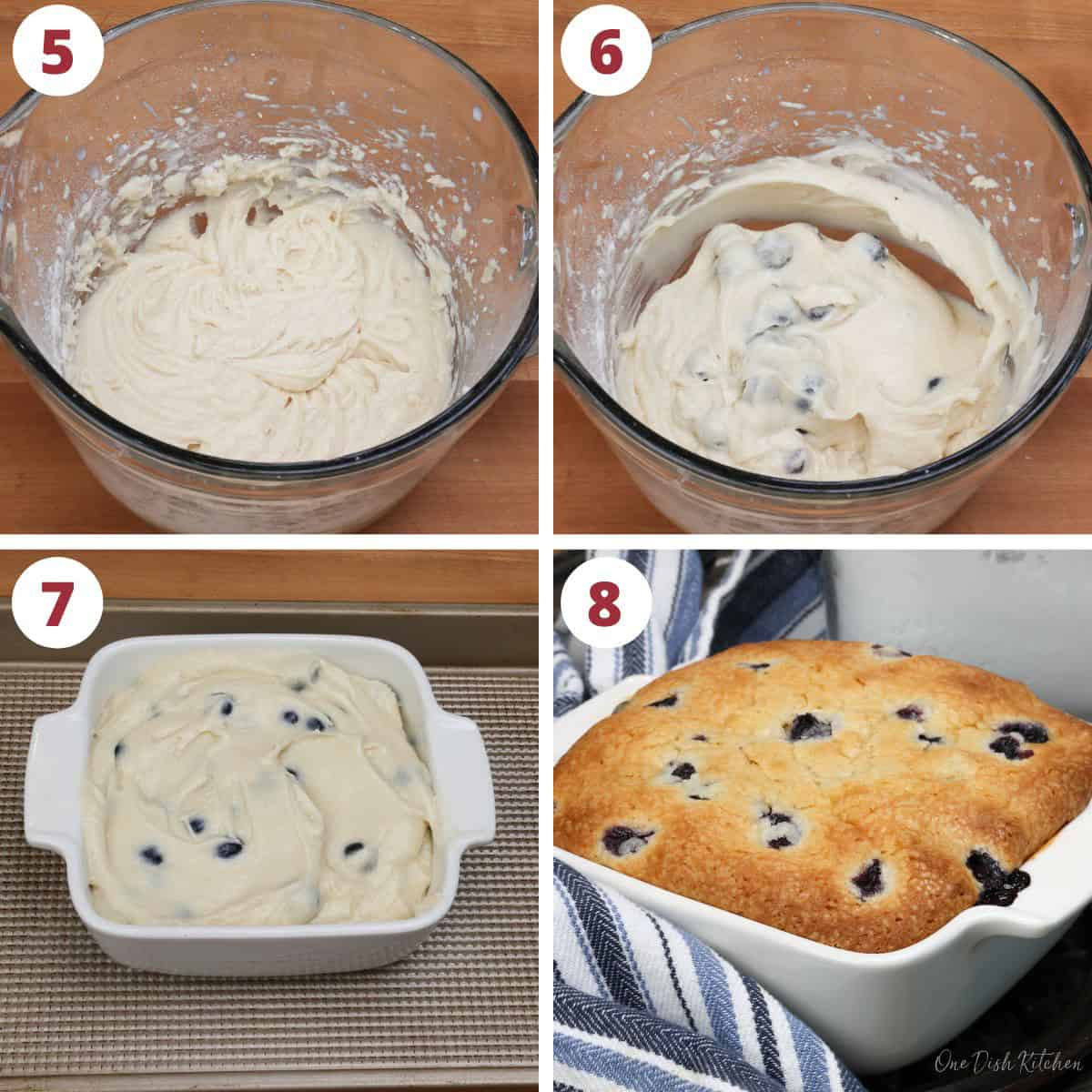 four photos showing how to make a small blueberry cake.