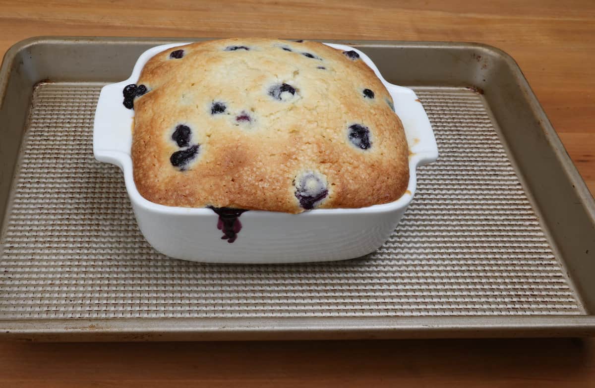 a small blueberry cake in a white baking dish on a rimmed baking sheet.