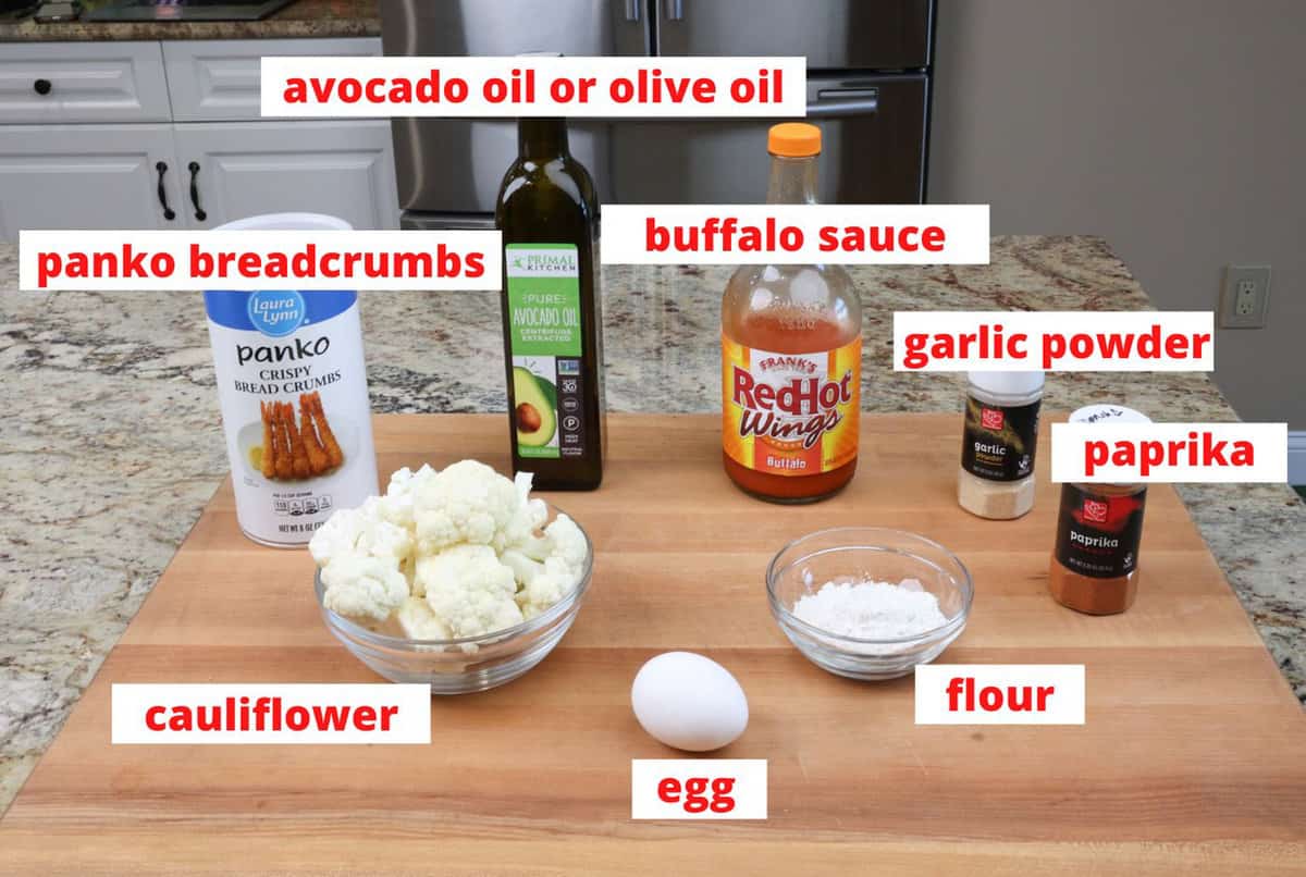 buffalo cauliflower ingredients on a kitchen counter.