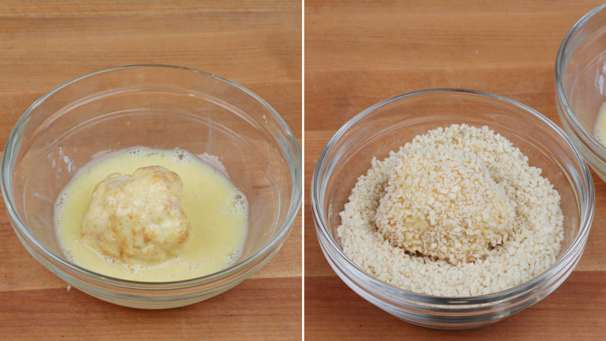 cauliflower in an egg wash and then dipped in breadcrumbs in bowls.