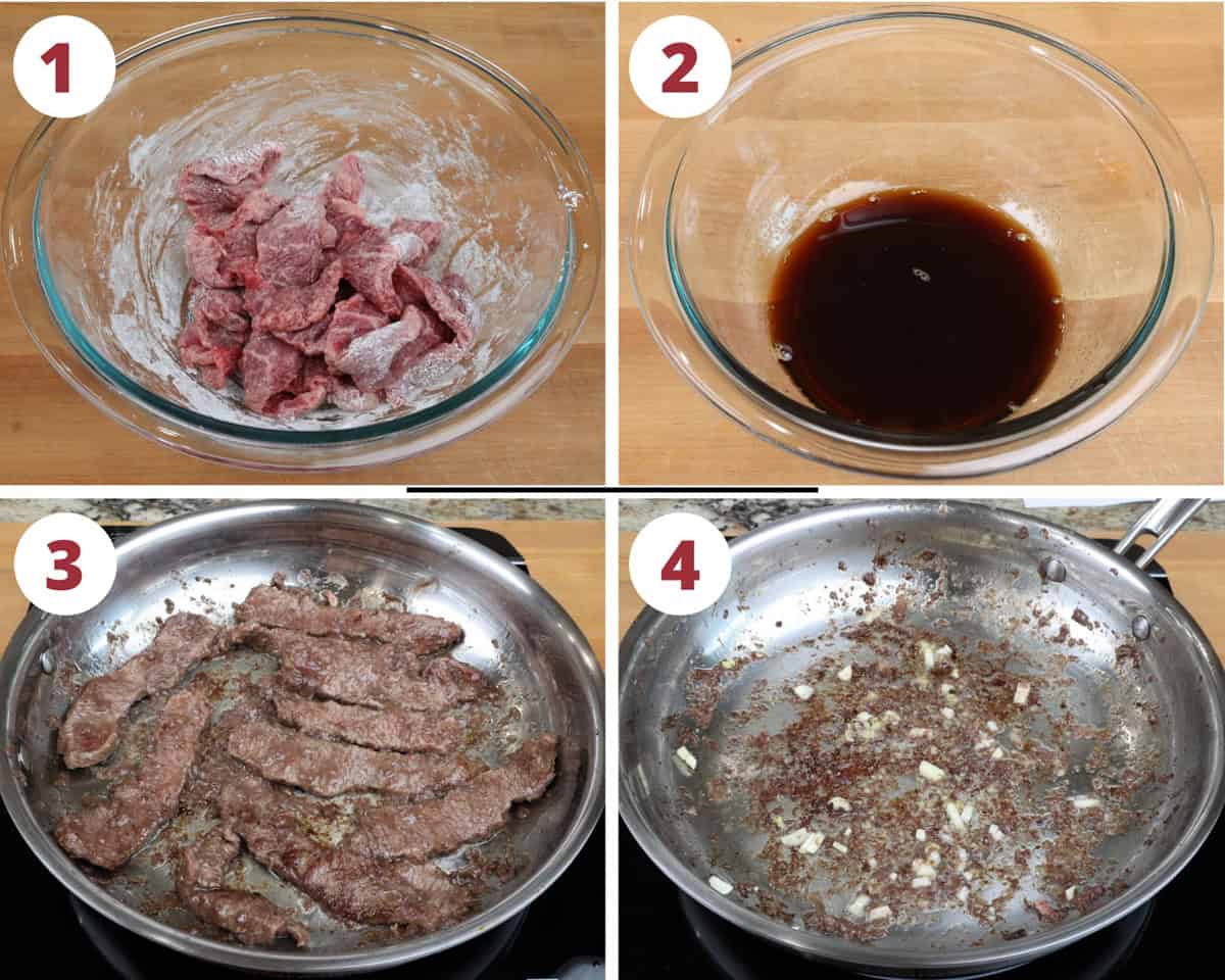 four photos showing how to cook the beef for mongolian beef.