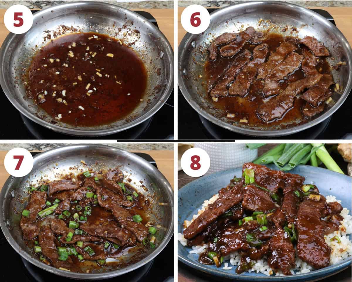 slices of beef cooking in mongolian beef sauce in a skillet.