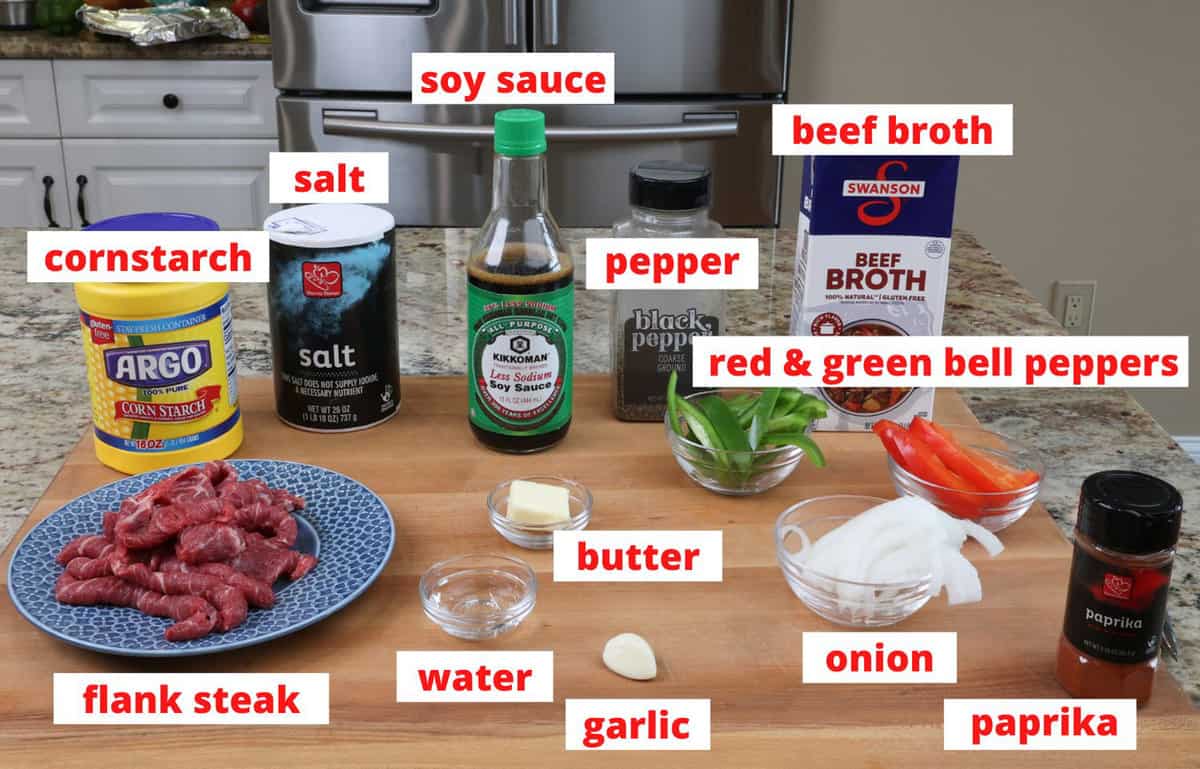 pepper steak ingredients on a kitchen counter.
