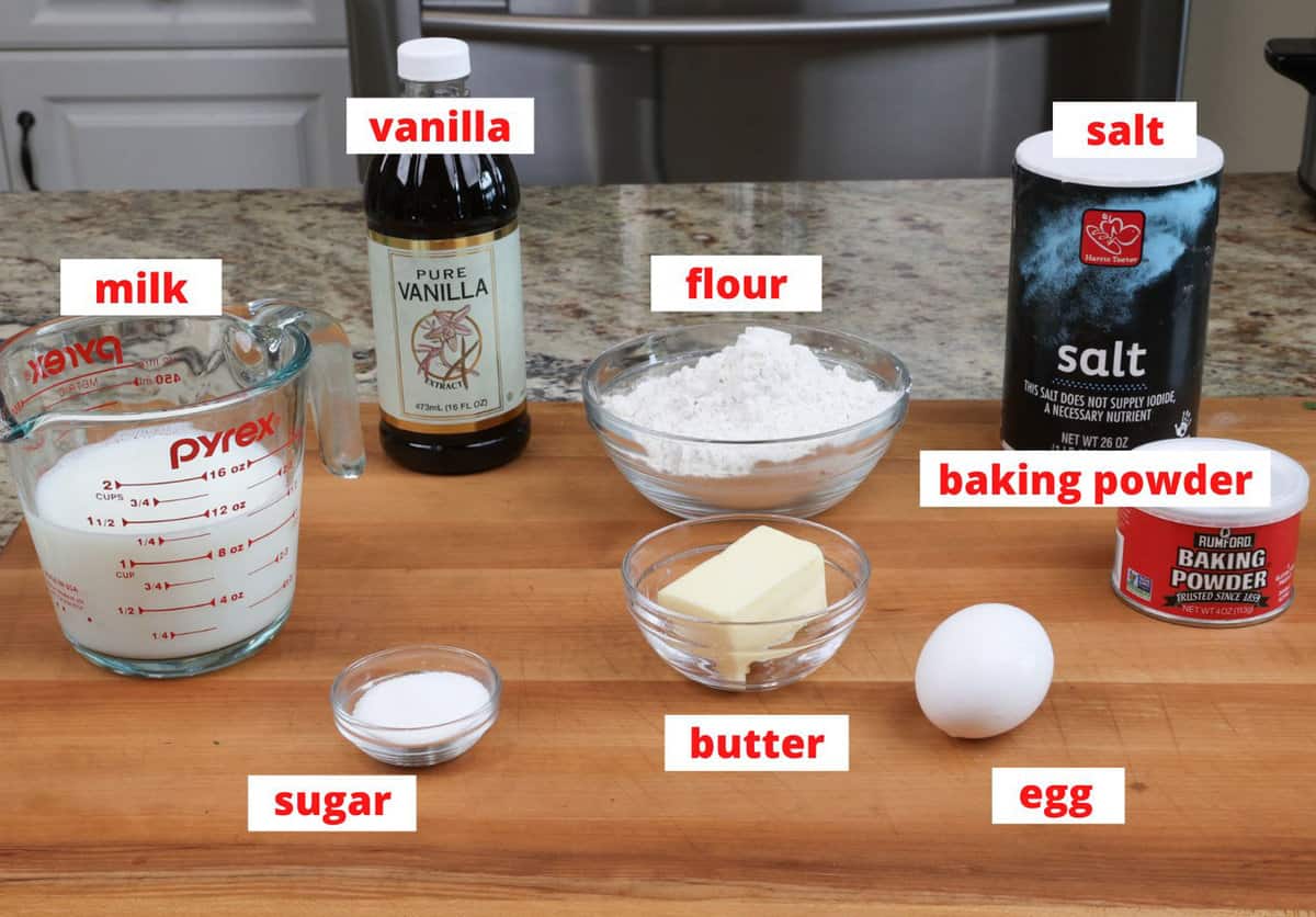 sheet pan pancake ingredients on a kitchen counter.