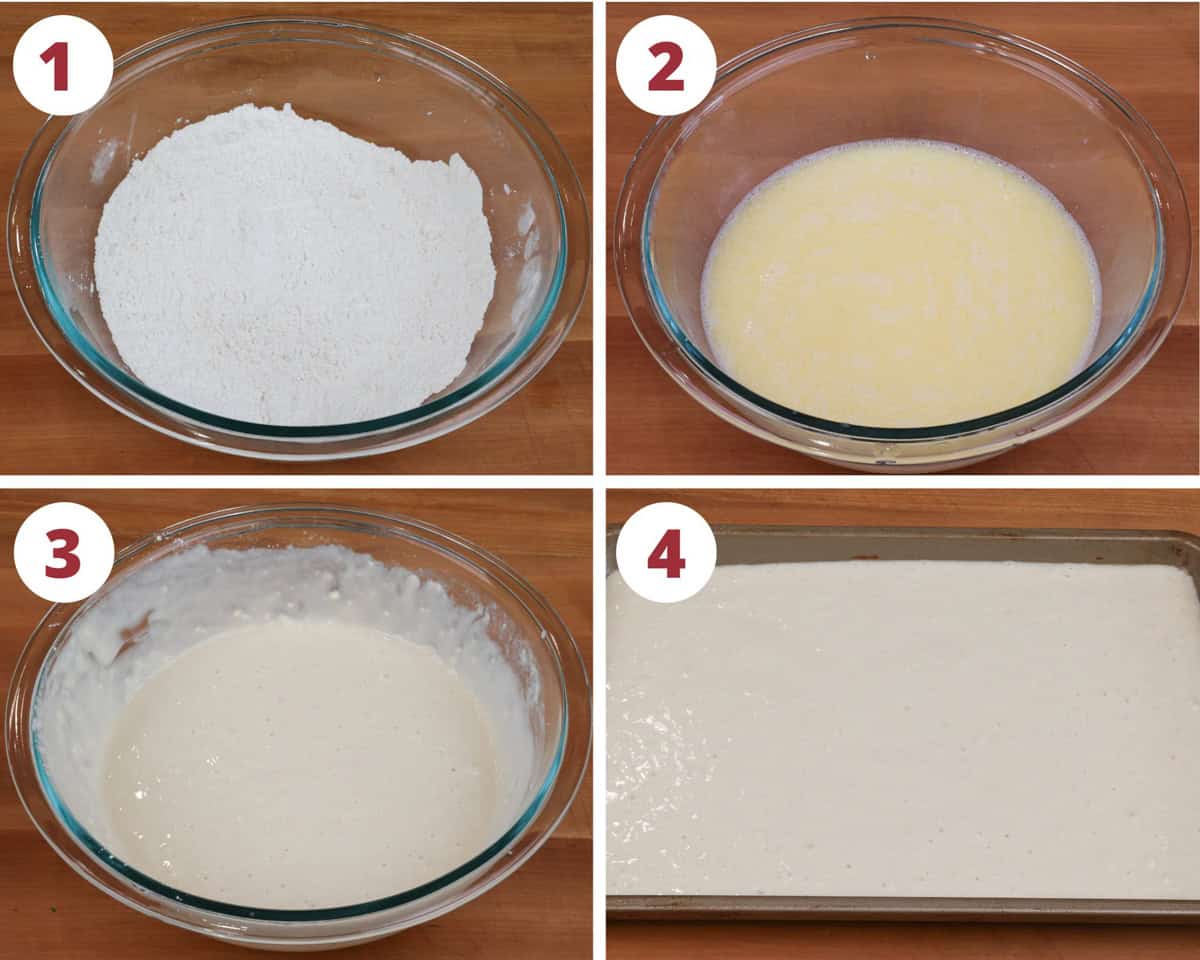 photos showing how to make pancake batter in a bowl and the batter in a sheet pan.