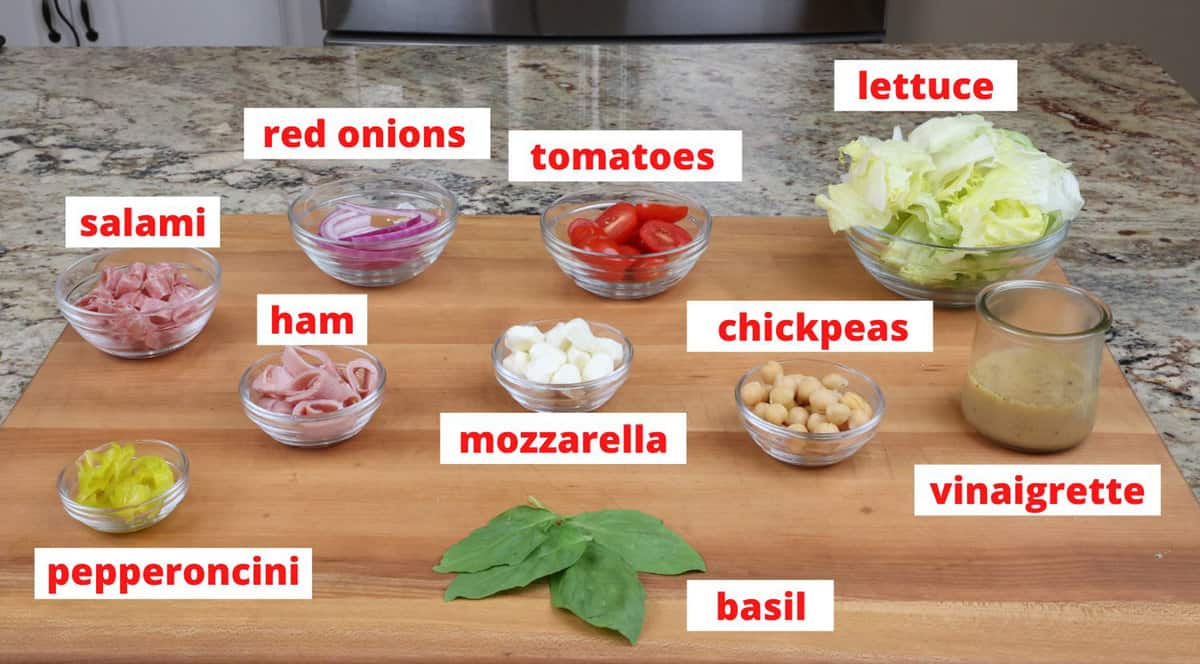Italian Chopped Salad ingredients on a kitchen counter.