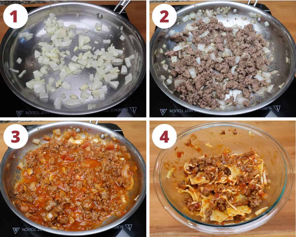 four photos showing how to make sheetpan lasagna filling.