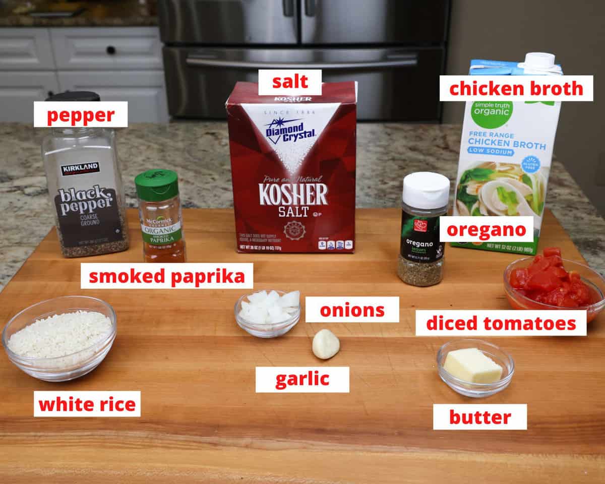 spanish rice ingredients on a kitchen counter.