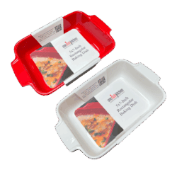 2 5x7-inch baking dishes. one red and one white.