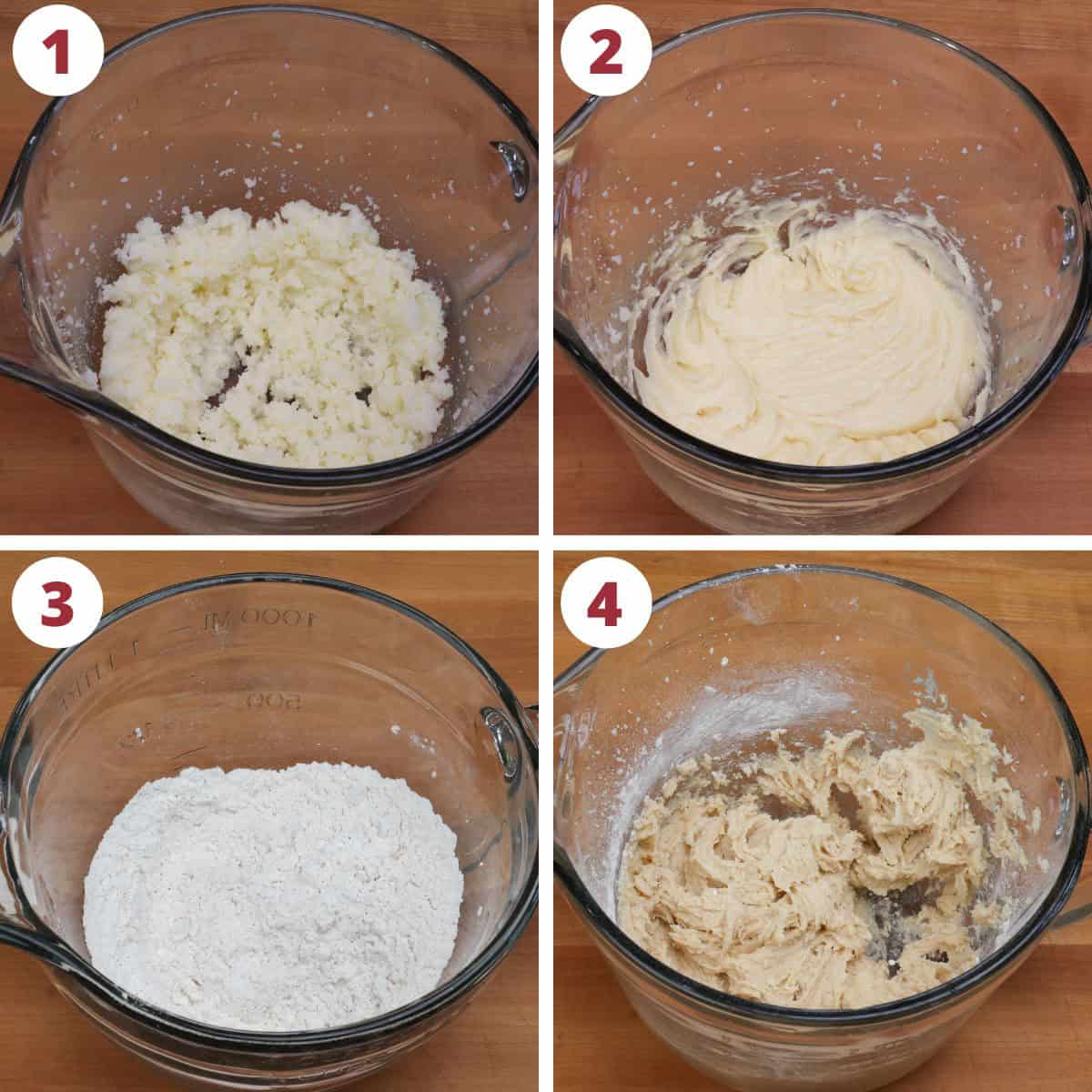 four photos showing how to make apple cake batter.