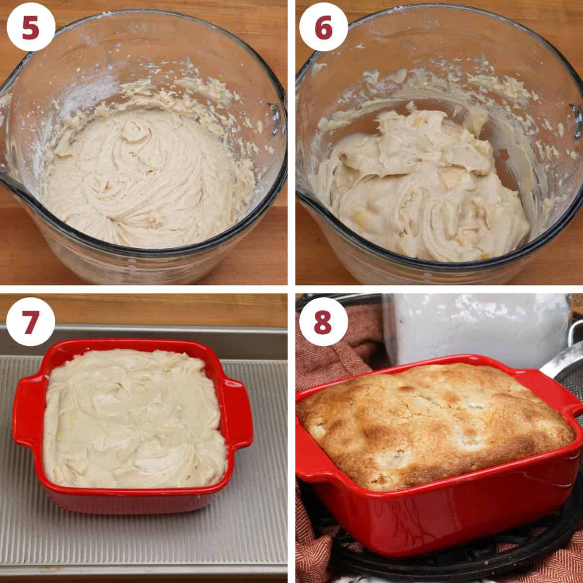 four photos showing how to make a small apple cake.