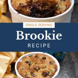 a single brookie in a ramekin with a spoon scooping out the brownie and cookie insides.