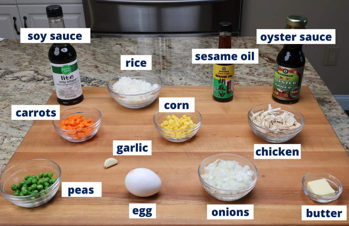 chicken fried rice ingredients on a kitchen counter.