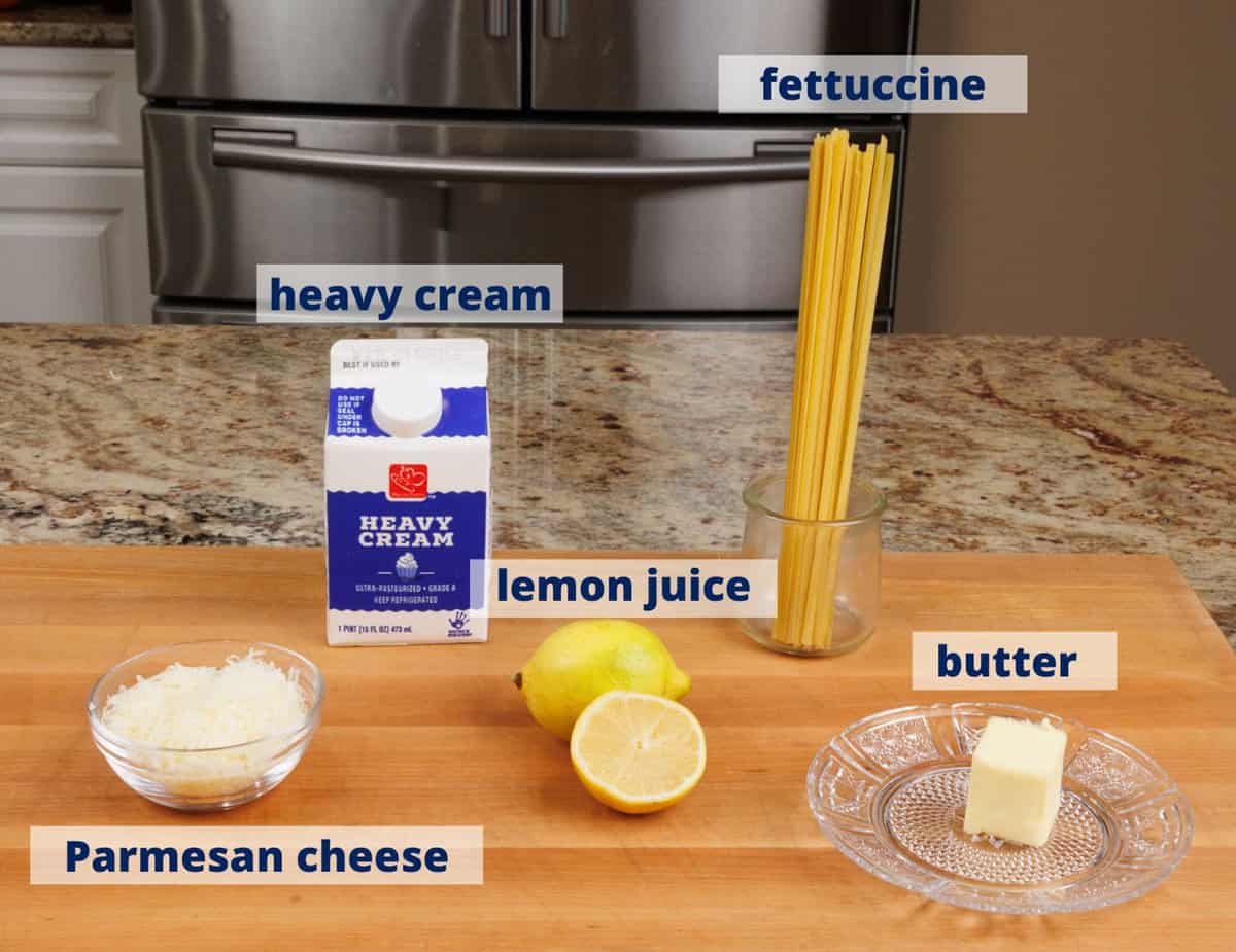 fettuccine alfredo ingredients on a kitchen counter.