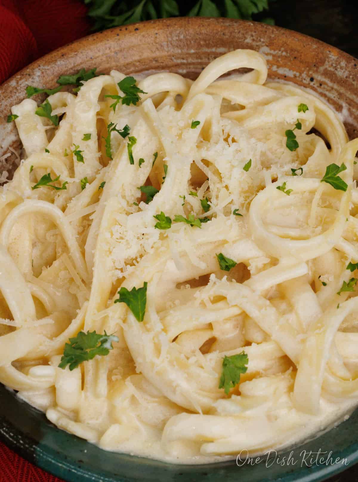 an overhead photo of a bowl of fettuccine tossed with homemade alfredo sauce.