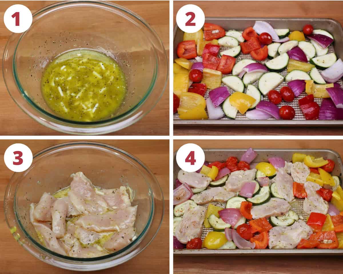 four photos showing how to make greek chicken marinade and adding it to the chicken and vegetables on a sheet pan.
