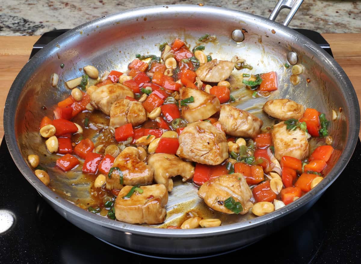kung pao chicken in a skillet.