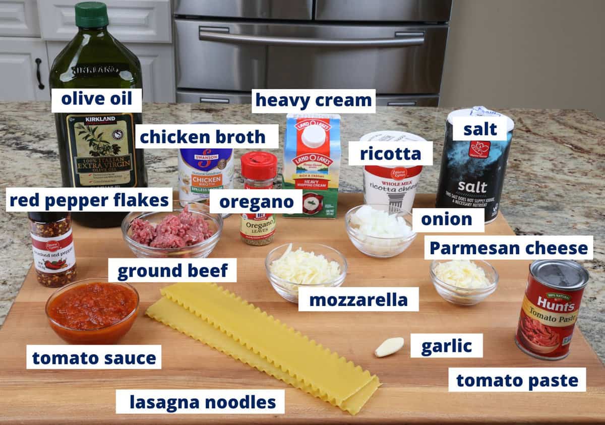 lasagna soup ingredients on a kitchen counter.