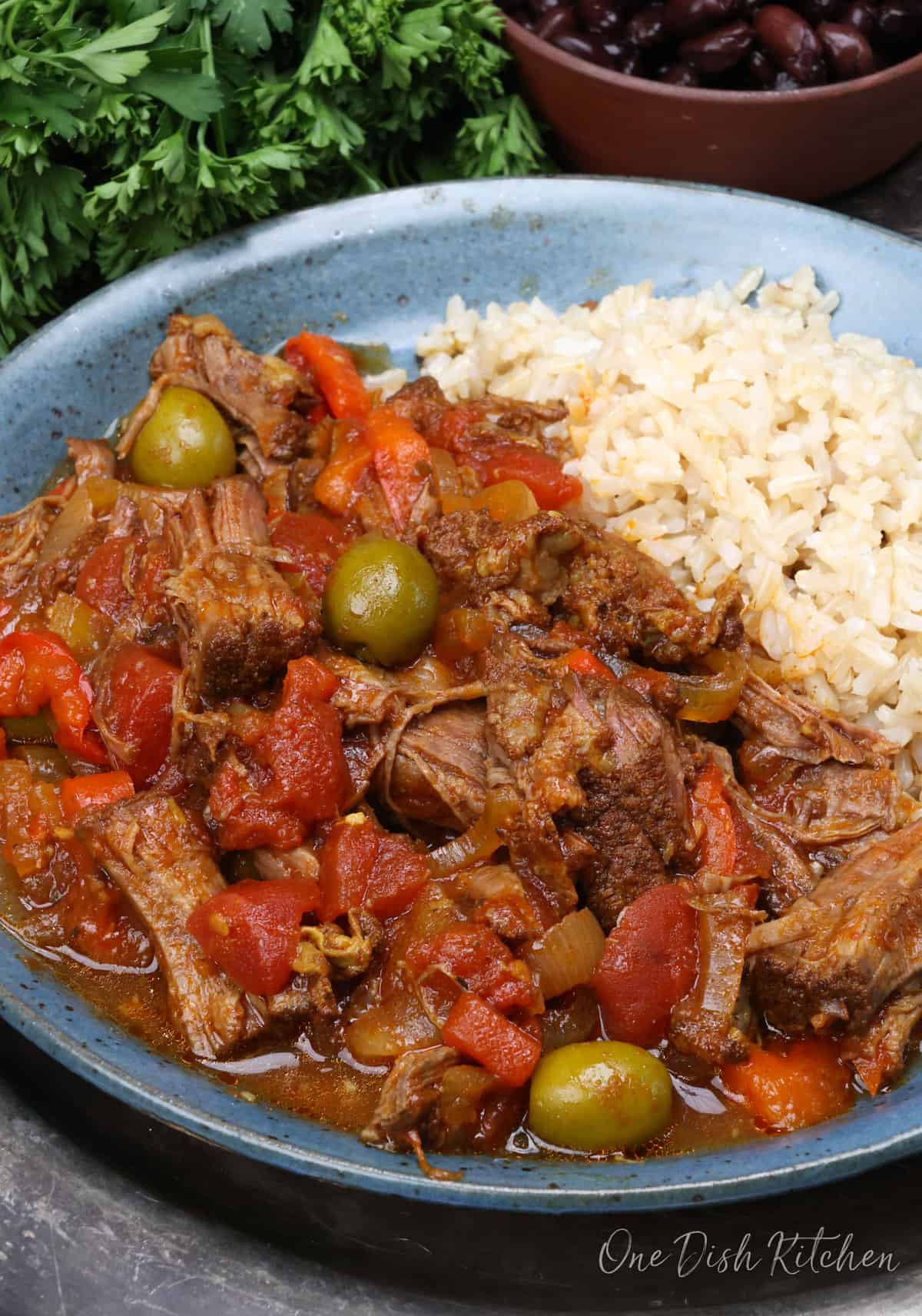 a blue plate filled with ropa vieja and white rice.
