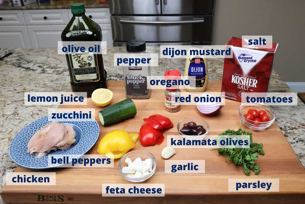 greek chicken ingredients on a kitchen counter.