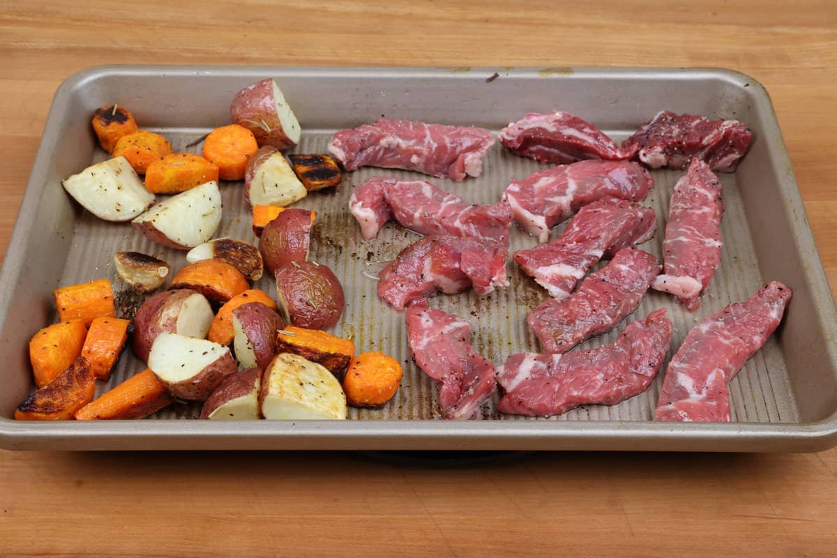 uncooked slices of steak and vegetables on a sheet pan.