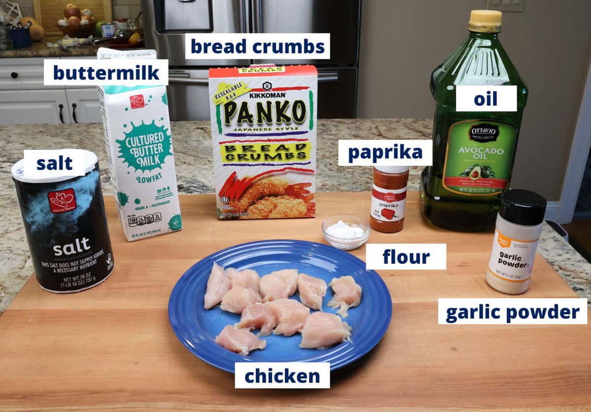 chicken nuggets ingredients on a kitchen counter.